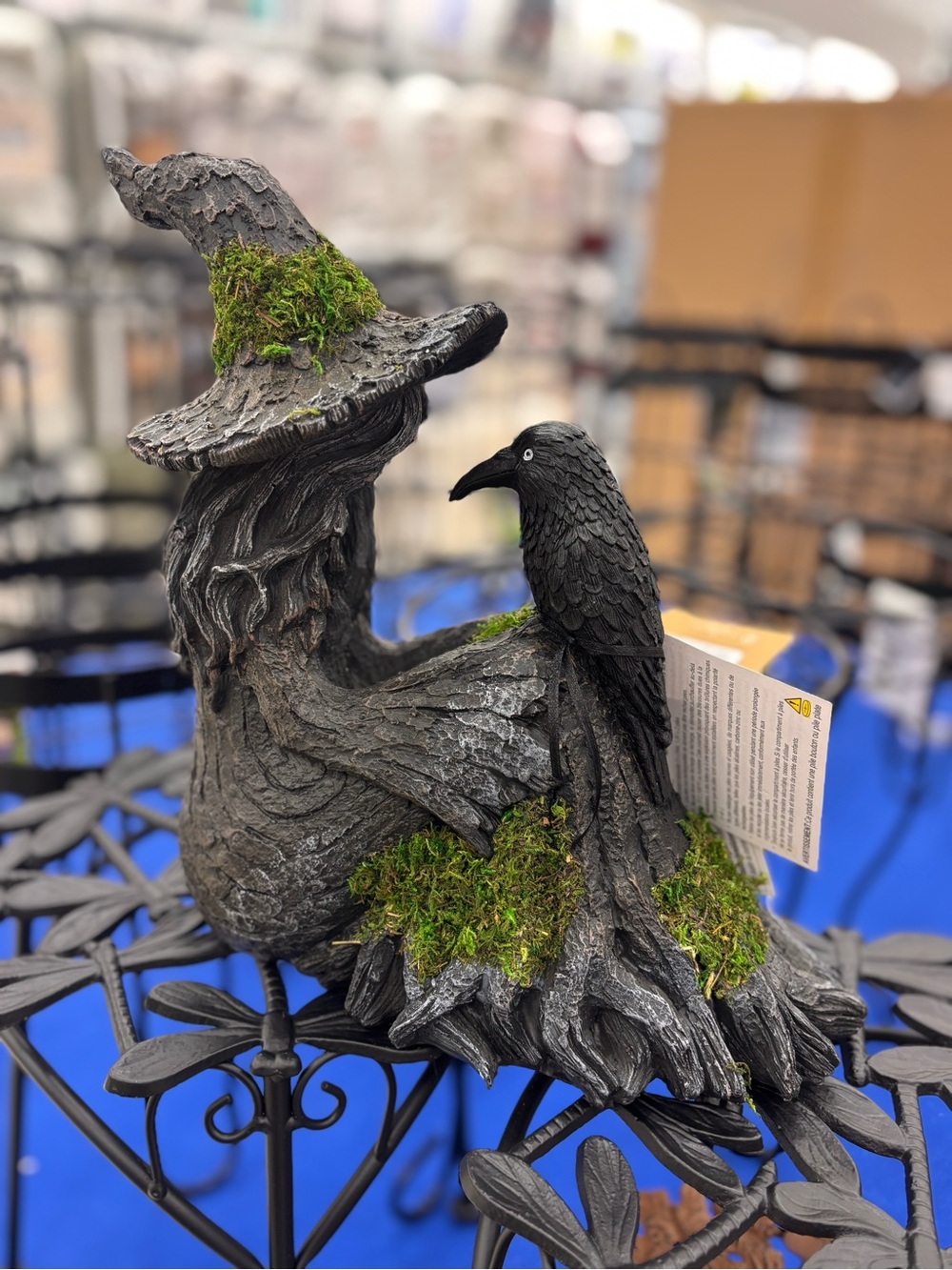 Rustic Black Witch & Raven Garden Statue with Green Moss Accent